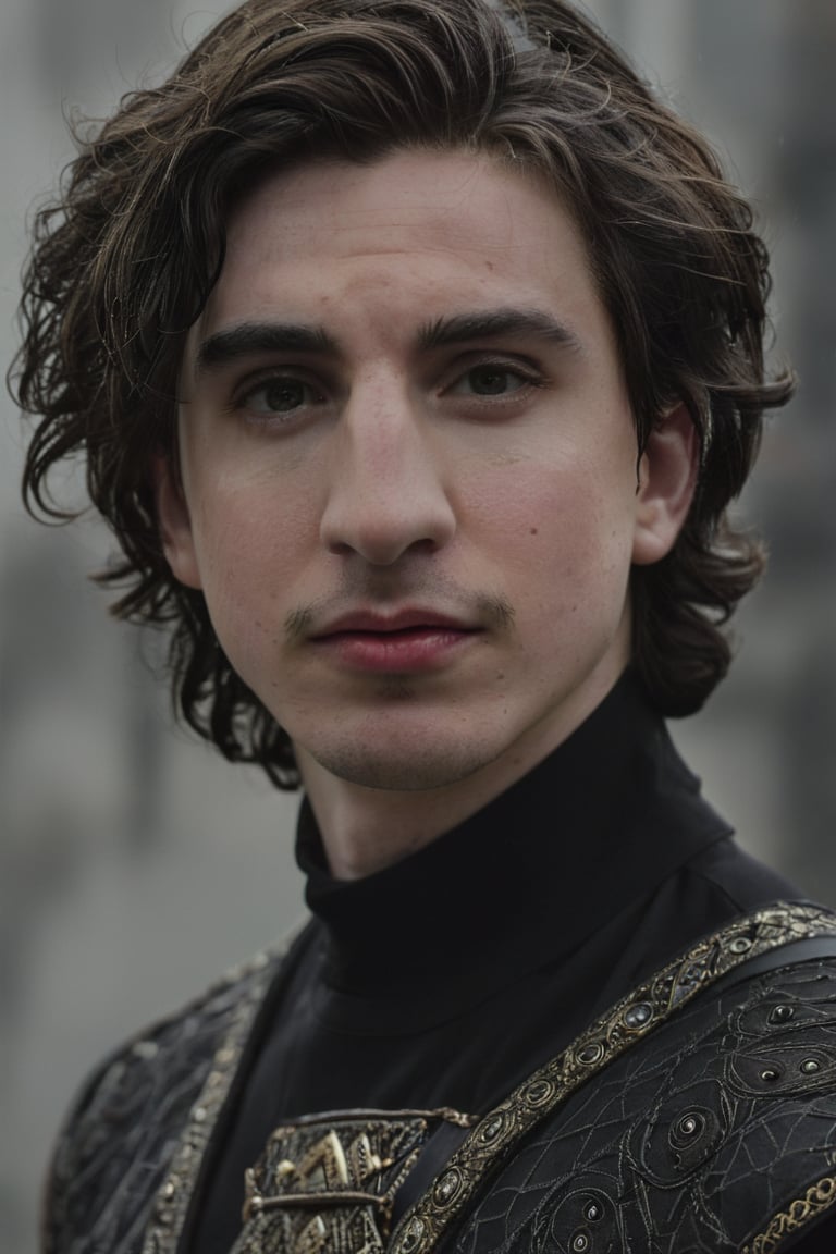 Hyperrealistic photo, Pale Skin, Portrait of a hybridization between Timothée Chalamet face and Adam Driver face , detailed symmetrical face , 4k textures, symmetrical eyes,RAW photo, 4k, masterpiece, high-res, extremely intricate, high detailed skin,1.2 prfm style, symmetrical face, closed lips, almond-shaped black eyes, crystal obsidian grim armour, perfect composition, beautiful detailed intricate insanely detailed, 8k artistic photography, photorealistic concept art, soft natural volumetric cinematic perfect light. hunter eyes, natural light, intense, perfect face, RAW, analogue, Nikon Z 85 mm.
,detailmaster2,Movie Still,male