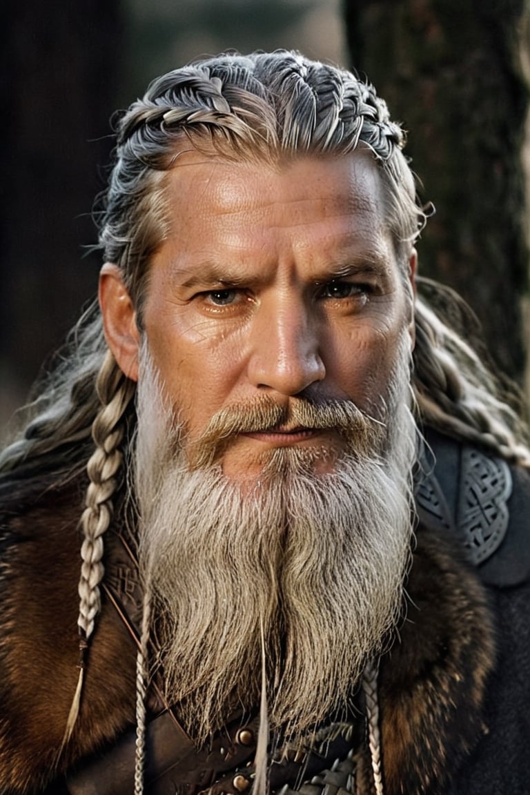  A mix between Nikolaj Coster-Waldau face and Philippe Dumas face, Old man Nordic god, silver braids, runes,, old man full beard, low contrast, Nordic god, silver braids, runes, almond-shaped eyes, Natural and soft light, semi-silhouette, film grain effect. 8k, photographic, Movie Still, ,close up,detailmaster2,Movie Still,perfecteyes,realhands