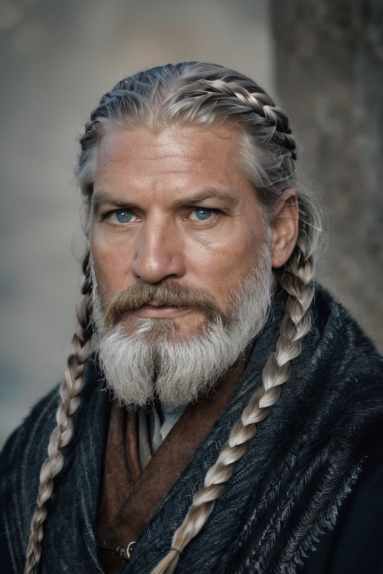  Blue eyes, A mix between Nikolaj Coster-Waldau face and Philippe Dumas face, Old man Nordic god, silver braids, runes,, old man full beard, low contrast, Nordic god, silver braids, runes, almond-shaped eyes, Natural and soft light, semi-silhouette, film grain effect. 8k, photographic, Movie Still, ,close up,detailmaster2,Movie Still,perfecteyes,realhands