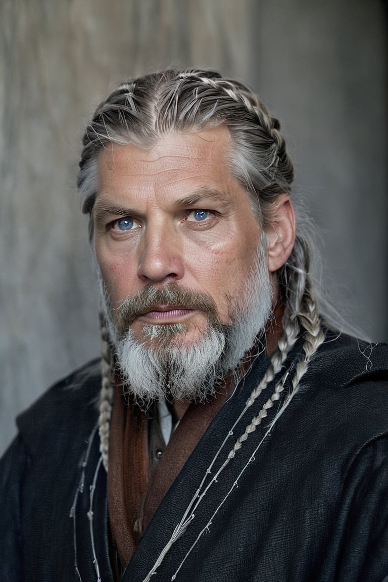  Blue eyes, A mix between Nikolaj Coster-Waldau face and Philippe Dumas face, Old man Nordic god, silver braids, runes,, old man full beard, low contrast, Nordic god, silver braids, runes, almond-shaped eyes, Natural and soft light, semi-silhouette, film grain effect. 8k, photographic, Movie Still, ,close up,detailmaster2,Movie Still,perfecteyes,realhands