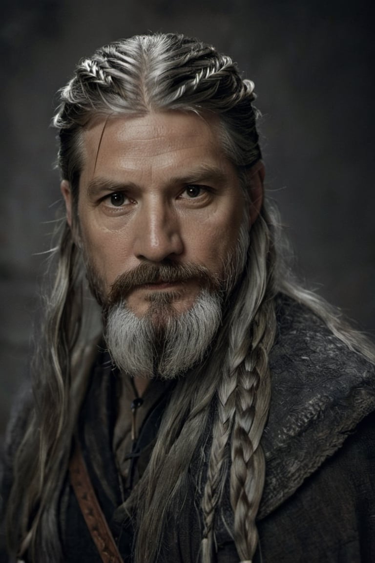 Old man Nordic god, silver braids, runes, A mix between Nikolaj Coster-Waldau and Philippe Dumas, old man full beard, low contrast, Nordic god, silver braids, runes, almond-shaped eyes, Natural and soft light, semi-silhouette, film grain effect. 8k, photographic, Movie Still, ,close up,detailmaster2,Movie Still,perfecteyes,realhands