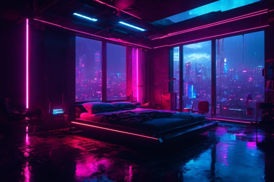 futuristic bedroom, brutalist, ceiling high windows, cyberpunk, cityscape, neon lights, night, raining, volumetric light