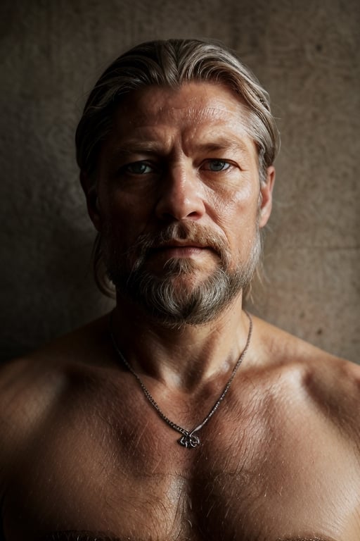 Old man Nordic god, silver braids, runes, A mix between Nikolaj Coster-Waldau and Philippe Dumas, old man full beard, low contrast, Nordic god, silver braids, runes, almond-shaped eyes, Natural and soft light, semi-silhouette, film grain effect. 8k, photographic, Movie Still, ,close up,detailmaster2,Movie Still,perfecteyes,realhands