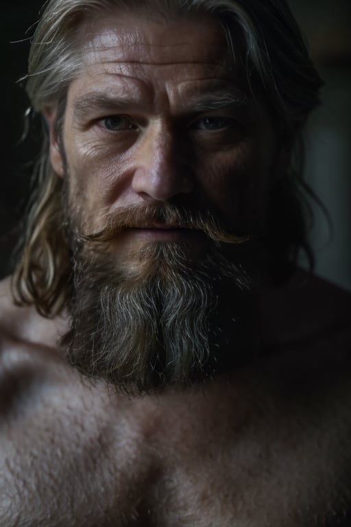 Old man, A mix between Nikolaj Coster-Waldau and Philippe Dumas, old man full beard, low contrast, Nordic god, silver braids, runes, almond-shaped eyes, Natural and soft light, semi-silhouette, film grain effect. 8k, photographic, Movie Still, ,close up,detailmaster2,Movie Still,perfecteyes,realhands