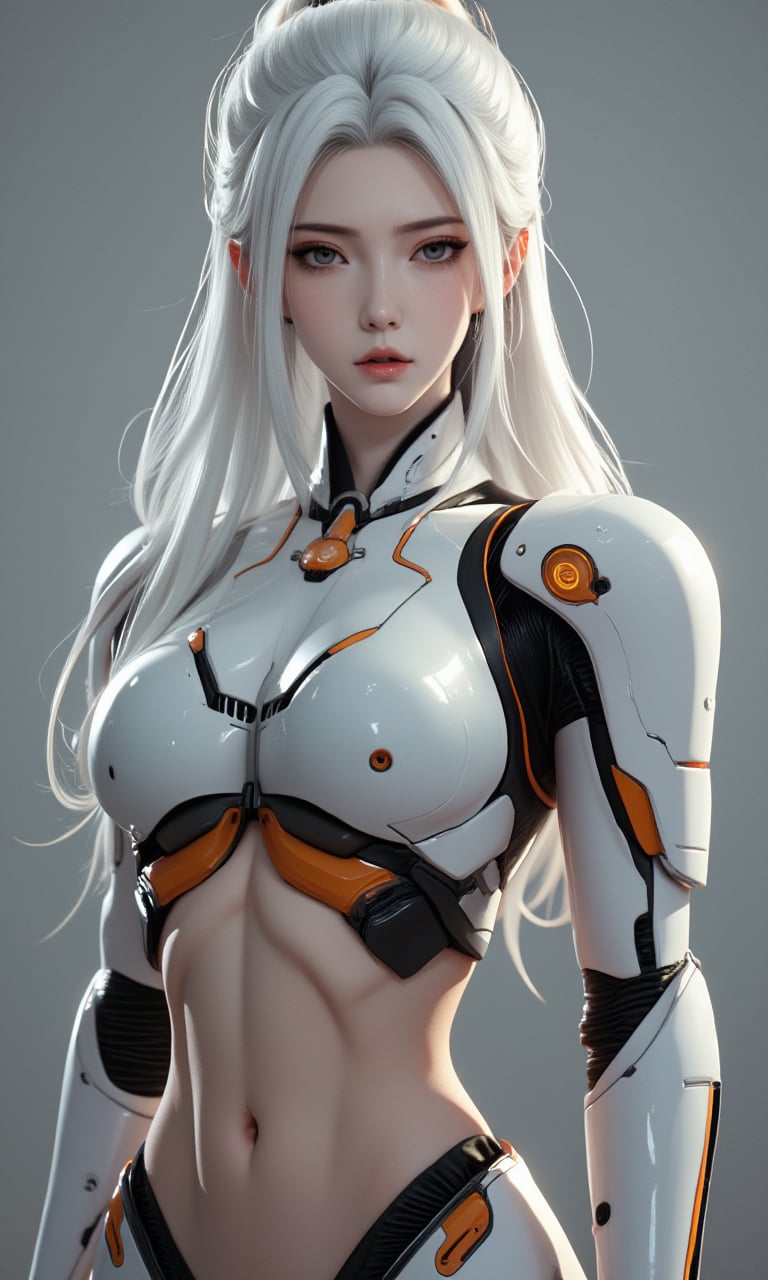 A photorealistic image of a woman,hip up, white hair,cyborg samurai,mecha body, robot joints,LXflux