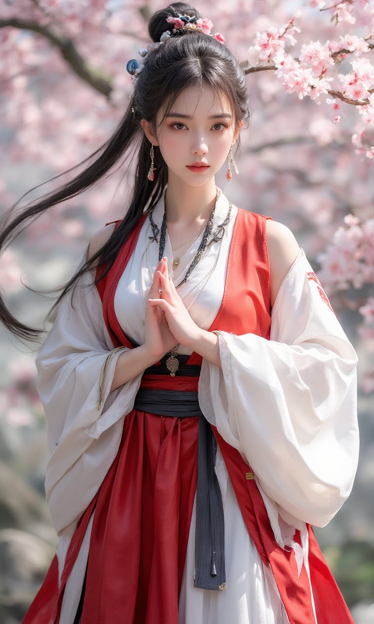 1Woman,hip up,martial arts,jewelry,chinese clothes, robe,accessories,outdoor, cherry blossoms,ntgirl