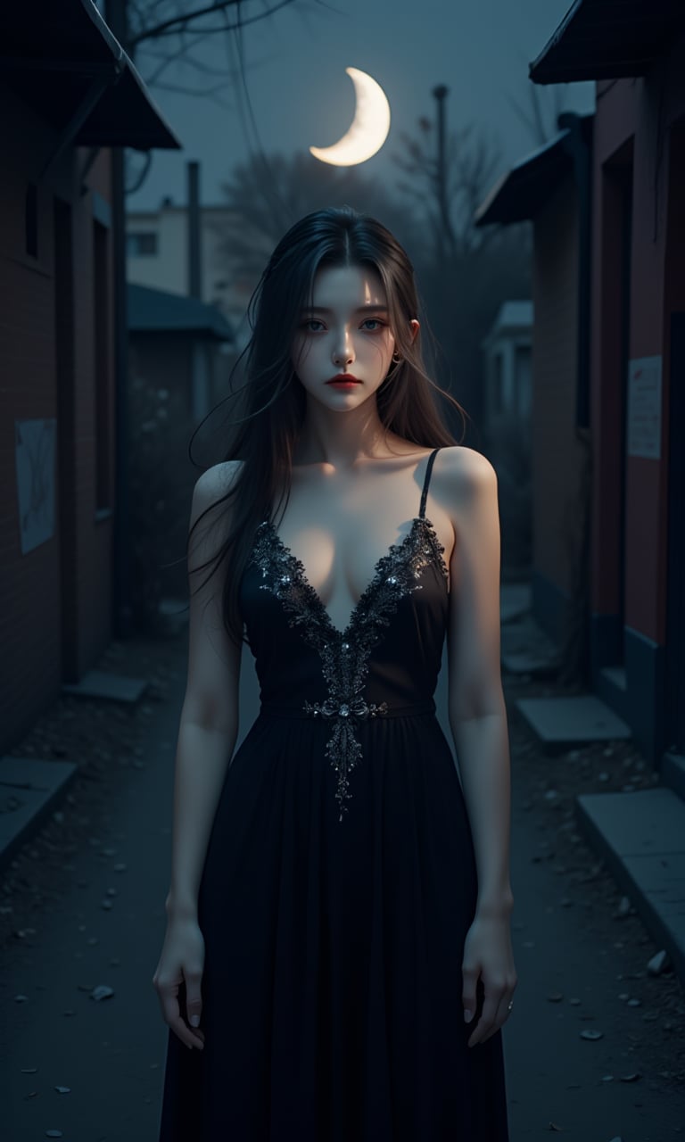 A bewitching woman stands confidently in a dimly lit, abandoned alleyway at dusk on Halloween night. She's dressed in a flowing black gown with intricate lace and silver accents, her porcelain skin illuminated by the flickering moonlight. Her eyes gleam with mischief as she gazes directly into the camera, a subtle smile playing on her lips. A crescent-shaped moon hangs low in the darkened sky, casting an eerie glow over the scene.qqmix