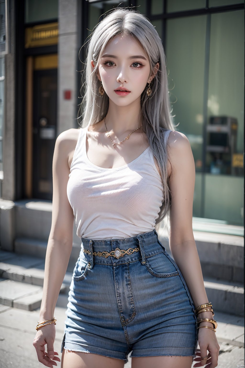 female,masterpiece, realistic, best quality, ultra detailed, waist up, silver hair, jewelery, fashionable accessories, street wear