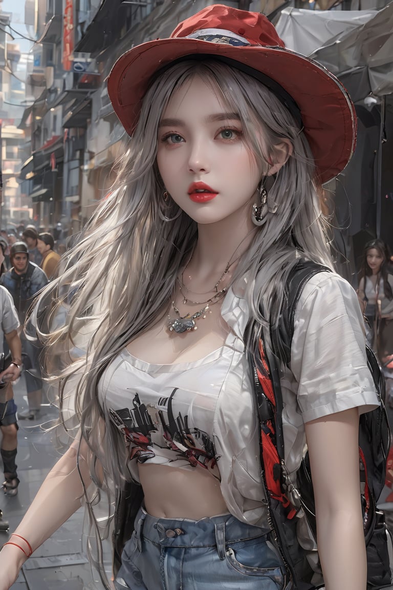 (masterpiece),(best quality),(ultra detailed),1girl,solo,realistic,closed mouth, long hair,accessories, street wear,