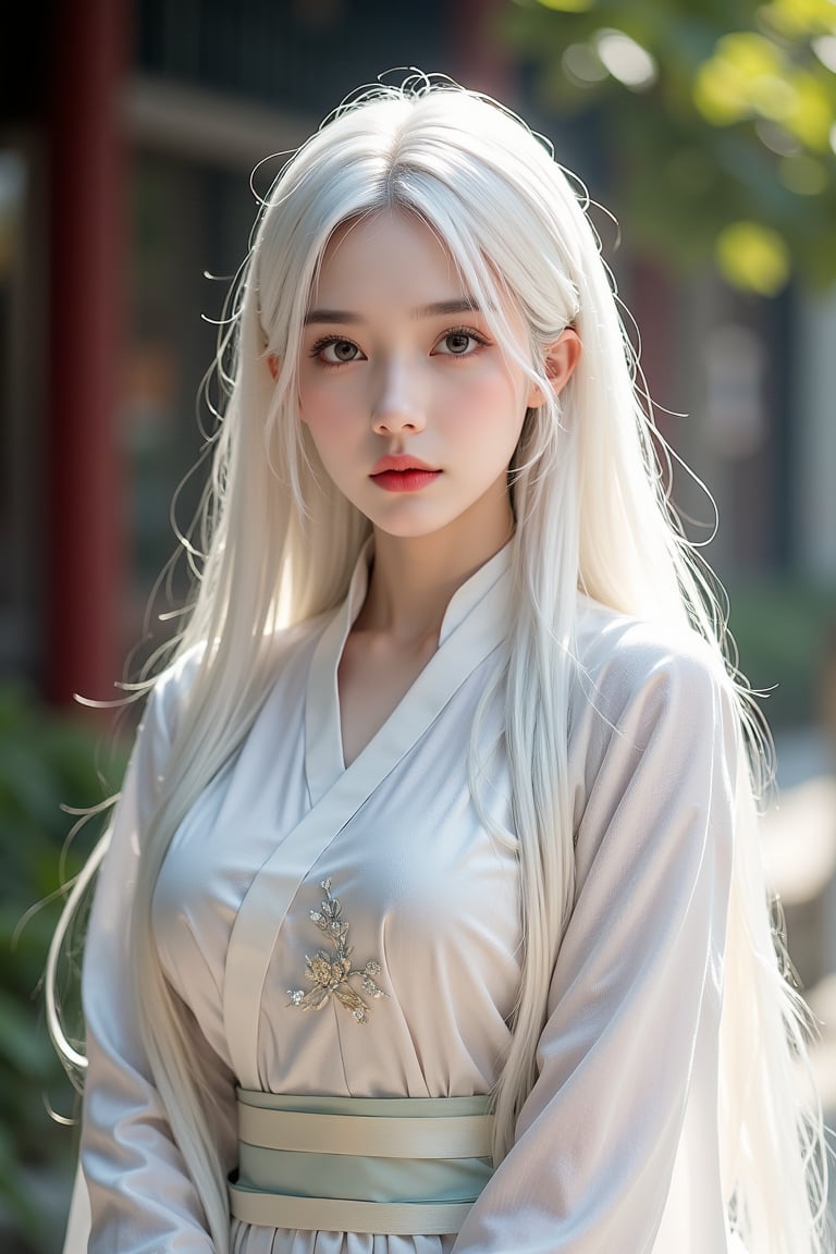 A stunning solo shot of a young woman with striking white long hair, dressed in the aodai (Vietnam’s national dress),ntgirl