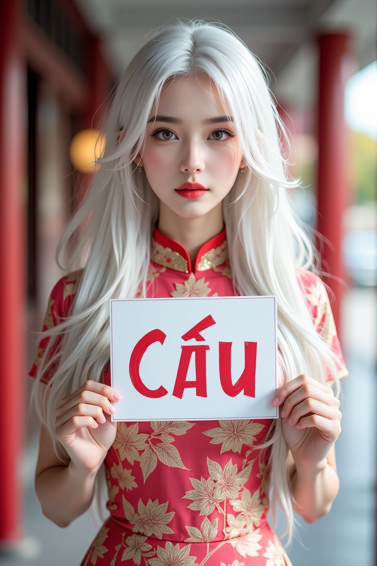 A stunning solo shot of a young woman with striking white long hair, dressed in the aodai (Vietnam’s national dress),holding up a sign with the word "CỨU",ntgirl