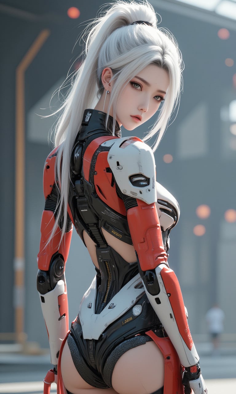 A photorealistic image of a woman,hip up, white hair,cyborg samurai,mecha body, robot joints,LXflux