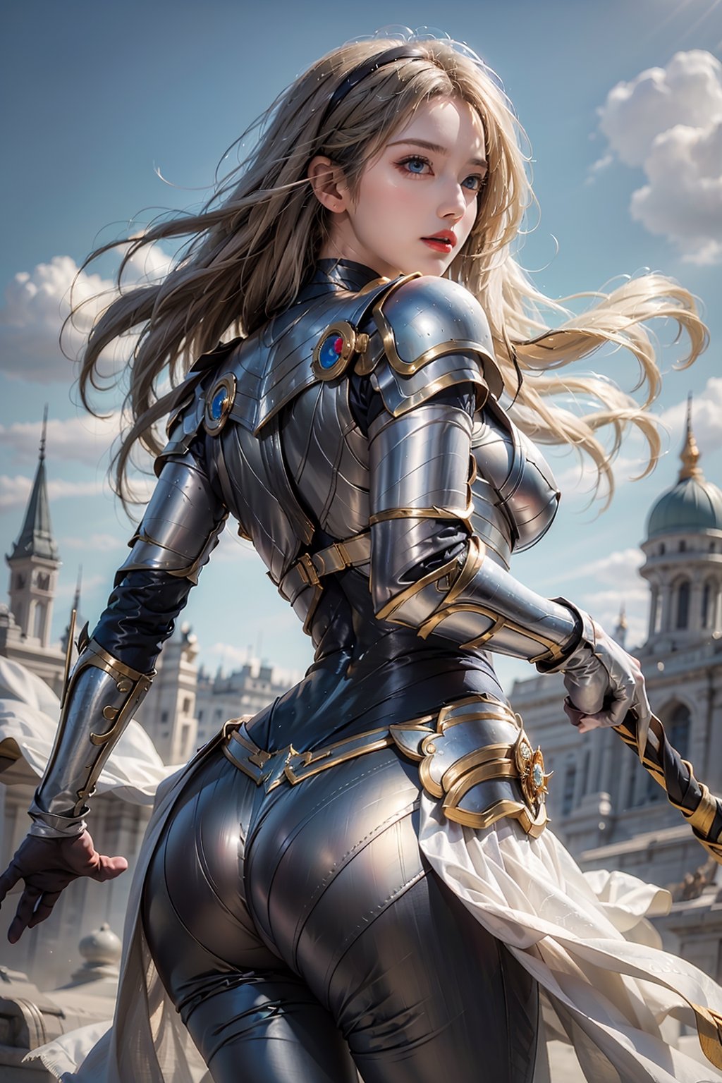 photorealistic, high resolution, soft light,1women, solo, hips up, shining skin, jewelry, dynamic pose, blode hair, armor, breastplate, bodysuit, white gloves, boobplate, back view, red lips