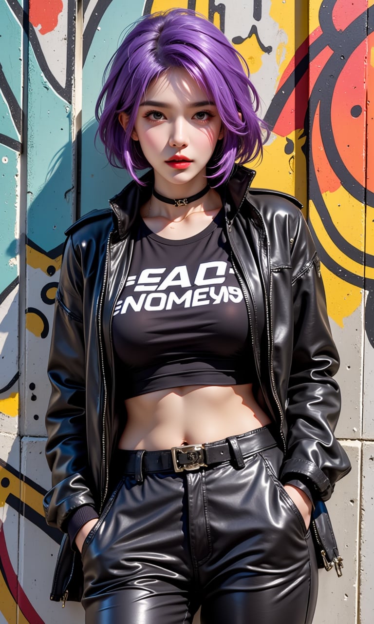 An illustrative image of a woman with short purple hair, dressed in an edgy, modern streetwear outfit. She is leaning against a graffiti-covered wall, with a confident smirk on her face. The style is bold and graphic, with sharp lines and vibrant colors that capture the energy of urban life.
ntgirl