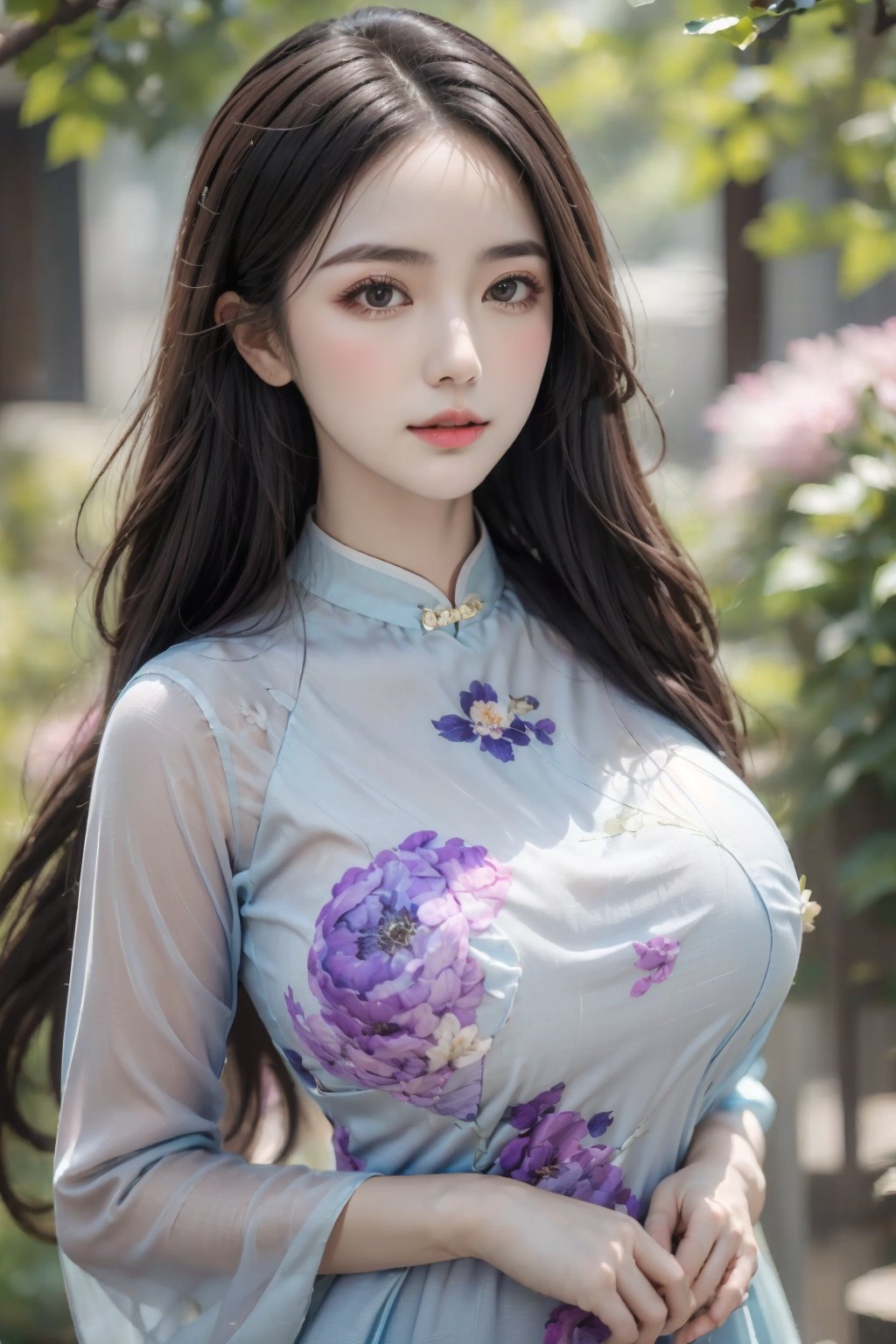 (masterpiece),(best quality),(ultra detailed),1girl,solo,closed mouth, long hair,accessories,purple aodai,purple clothing,floral print,huge breasts