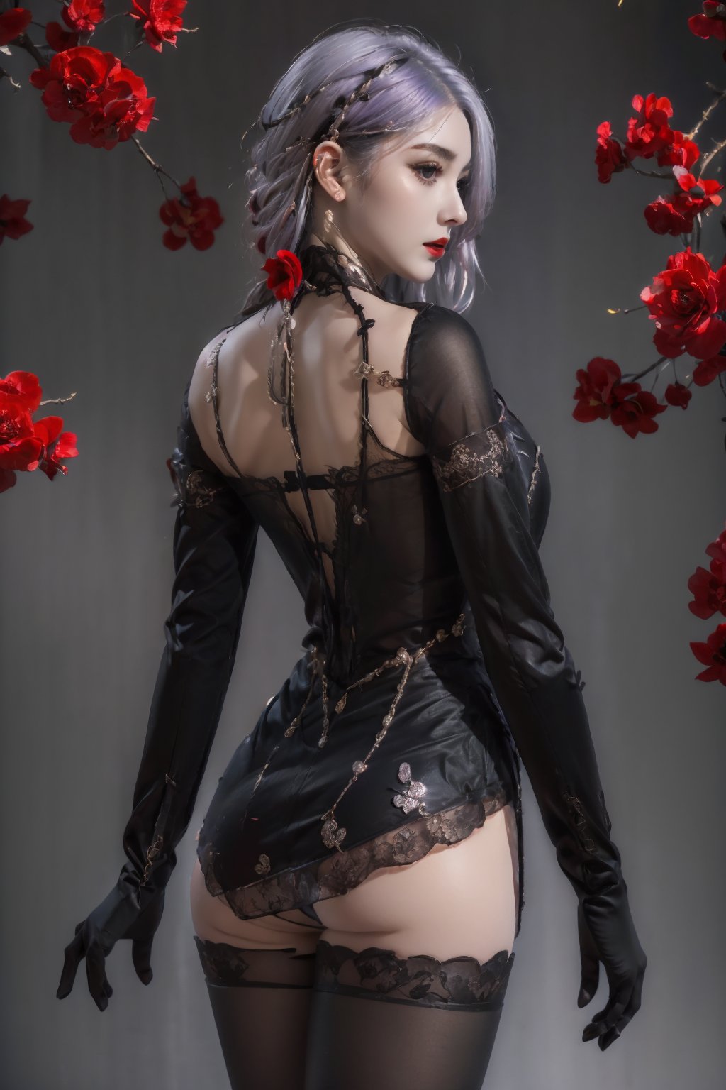 (masterpiece),(best quality),(ultra detailed),1girl,solo,hip up,closed mouth,,Midnight Kiss outfit,lace,black stockings,gloves,red flower,jewelry,string,chain,purple piece of shirt,from behind,looking back,(white hair color:1.05)