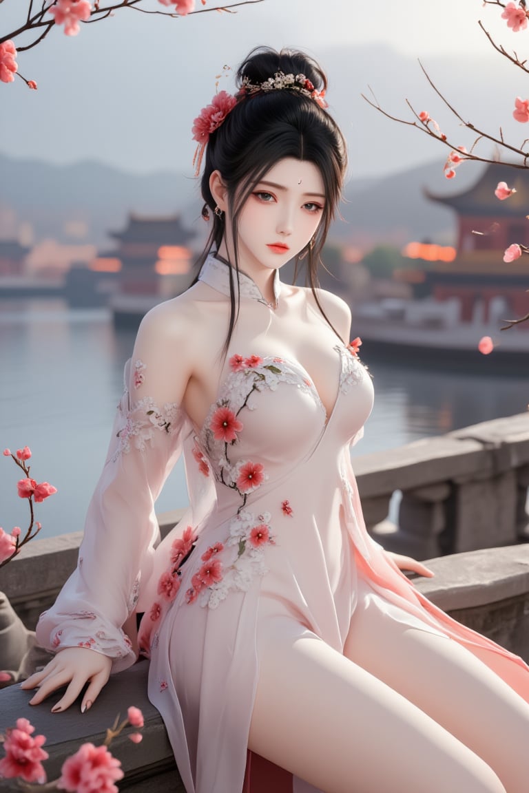 Woman, Eroflo, sexy, blossom, particles floating, tree branch, gray sky, gloomy, chinese temple
,lxmix