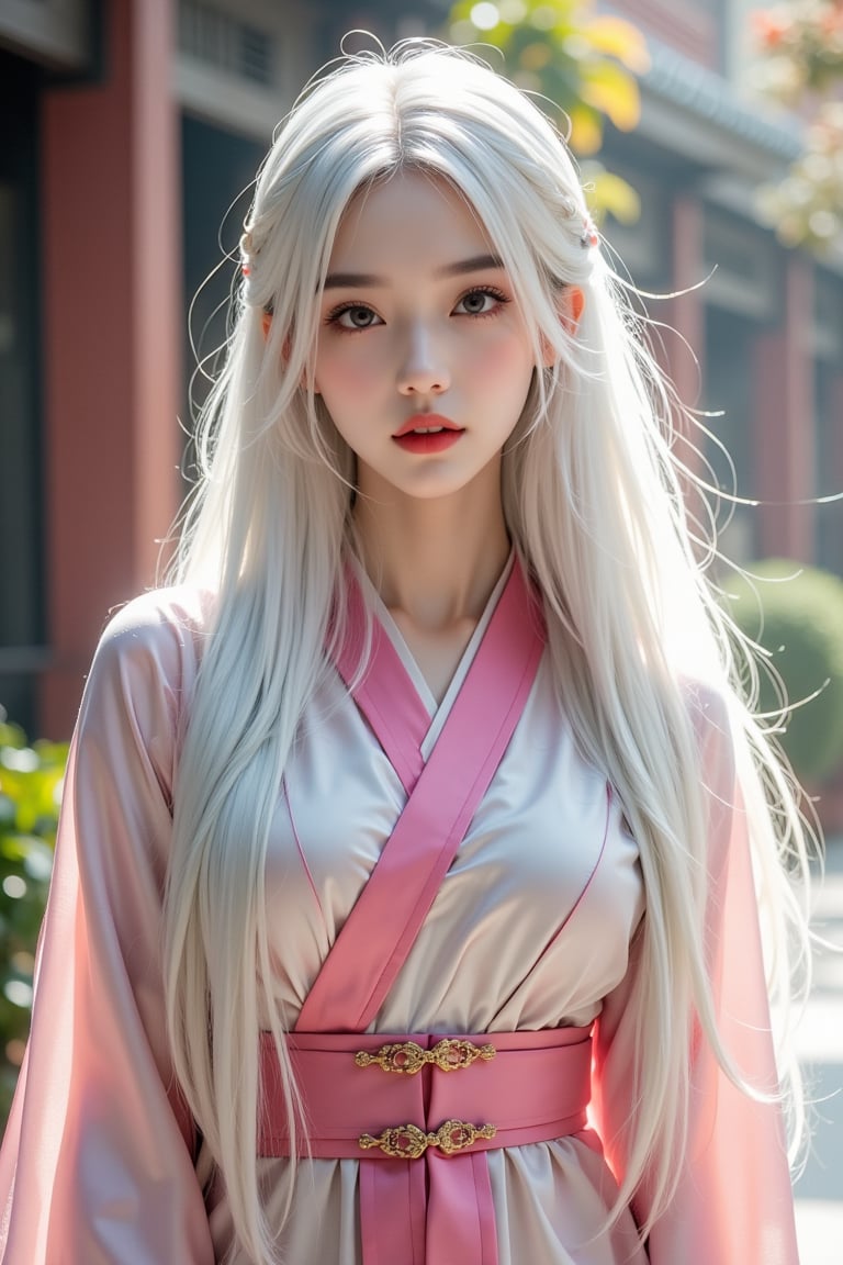 A stunning solo shot of a young woman with striking white long hair, dressed in the aodai (Vietnam’s national dress),ntgirl