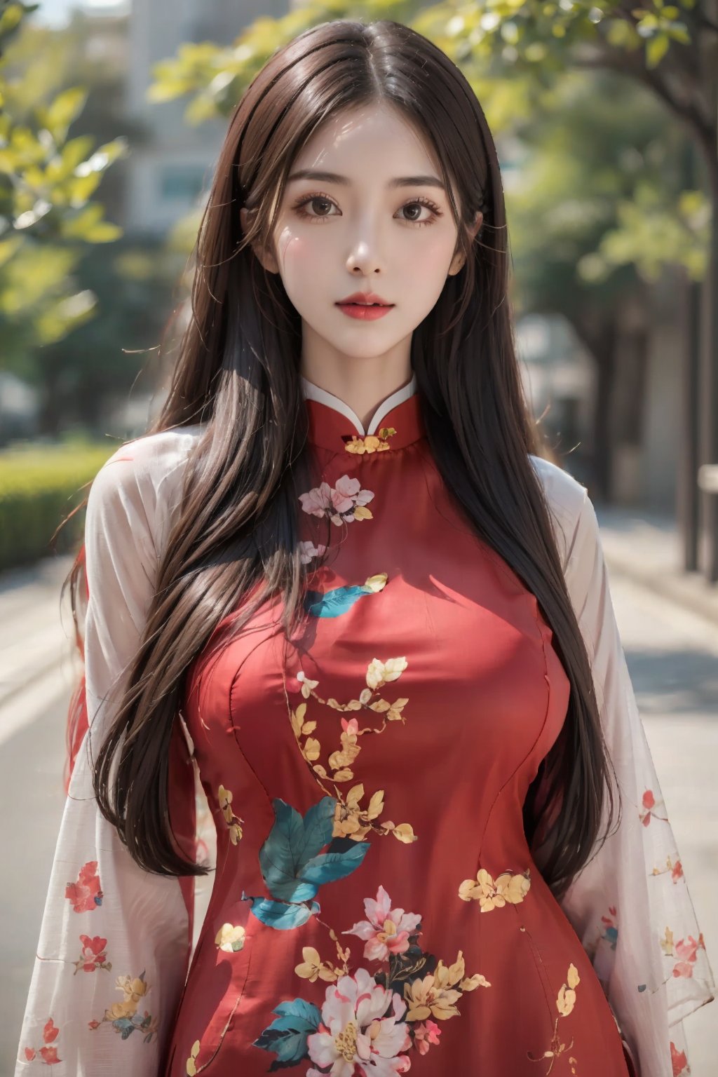 (masterpiece),(best quality),(ultra detailed),1girl,solo,closed mouth, long hair,accessories,red aodai,red clothing,gfloral print,huge breasts