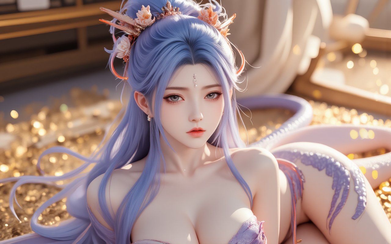 (best quality), (realistic, photo-realistic:1.3), ((light blue hair))(masterpiece:1.3), CG, unity, 8k, amazing, finely detail, ultra-detailed, highres, absurdres, ((ultra-detailed)), ((highly detailed CG illustration)), ((an extremely delicate and beautiful)), (cute delicate face), cinematic light, cinematic compotision, looking up, best shadow, extremely detailed eyes and face, beautiful detailed nose, beautiful detailed hand, beautiful detailed eyes. A luxurious ambiance fills the frame, with soft golden lighting casting a warm glow on the subjects porcelain skin. A sultry, purple-hued dragon girl reclines on a bed of glinting gold coins, her back arched in a sensual pose. Wings spread slightly, they shimmer with iridescent scales that radiate an otherworldly glow. Long,flowing hair cascades down her back as she fixes the viewer with an intense,violet-eyed gaze. Sharp claws delicately tracing the curves of her body,while a sleek dragon tail wraps around her leg,exuding mystique.lxmix