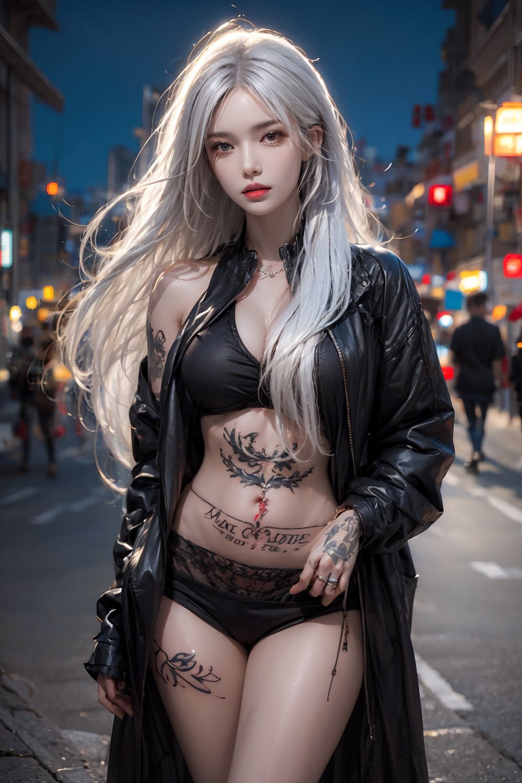 1female,solo,masterpiece, realistic, best quality, ultra detailed,cowboy_shot, long white hair, jewelery, street wear, night city,tatoo