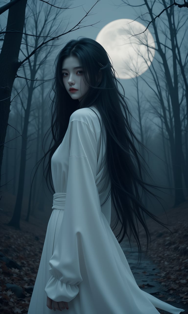 A hauntingly beautiful woman with flowing, raven-black locks and porcelain skin stands amidst a spooky autumnal backdrop. A full moon casts an eerie glow, illuminating the misty forest scene. The subject's eyes gleam like lanterns in the darkness as she poses in a flowing white gown, her long hair cascading down her back like a dark waterfall.qqmix