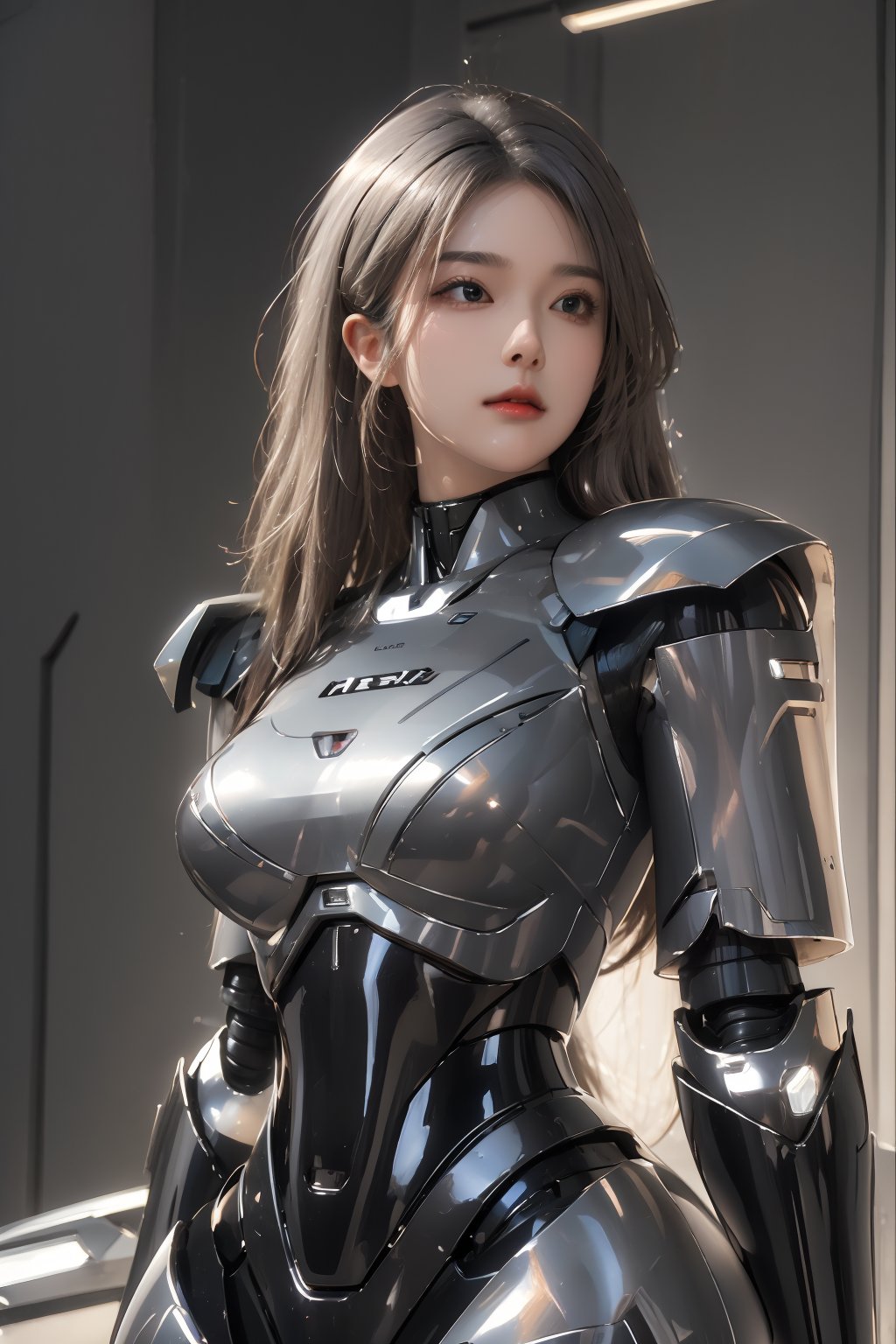 (masterpiece),(best quality),(ultra detailed),1girl,solo,hip up,closed mouth, mecha body,black mecha, robotic body part,light hair