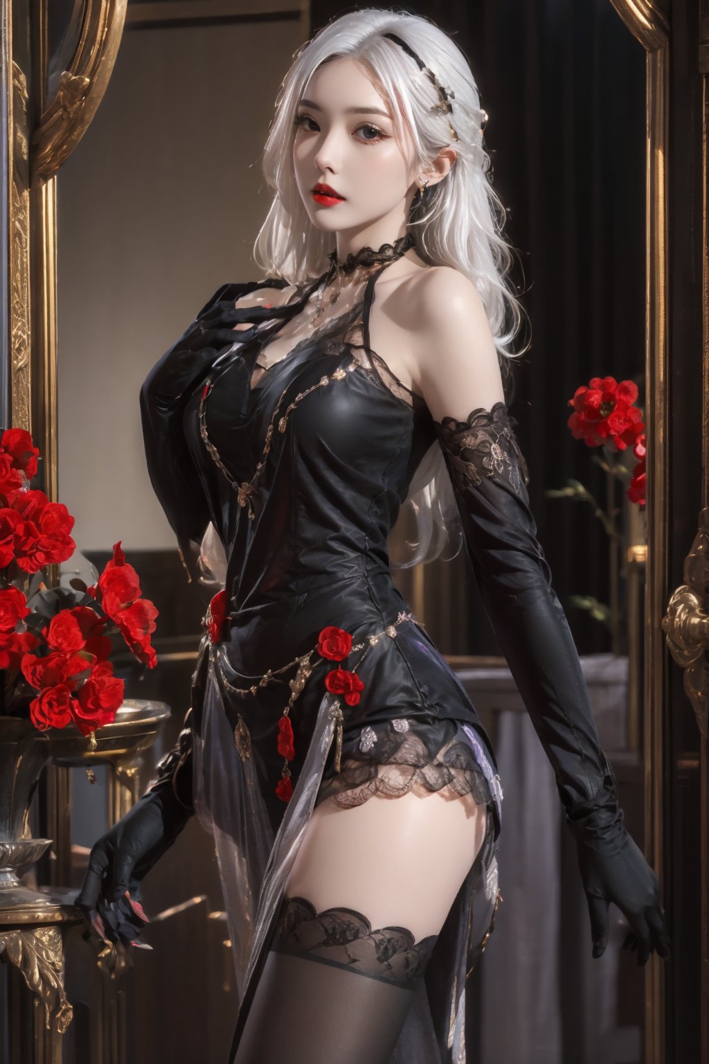 (masterpiece),(best quality),(ultra detailed),1girl,solo,hip up,closed mouth,Midnight Kiss outfit,lace,black stockings,gloves,red flower,jewelry,string,chain,purple piece of shirt,from behide,looking back,BREAK
long hair,(white hair color:1.05)