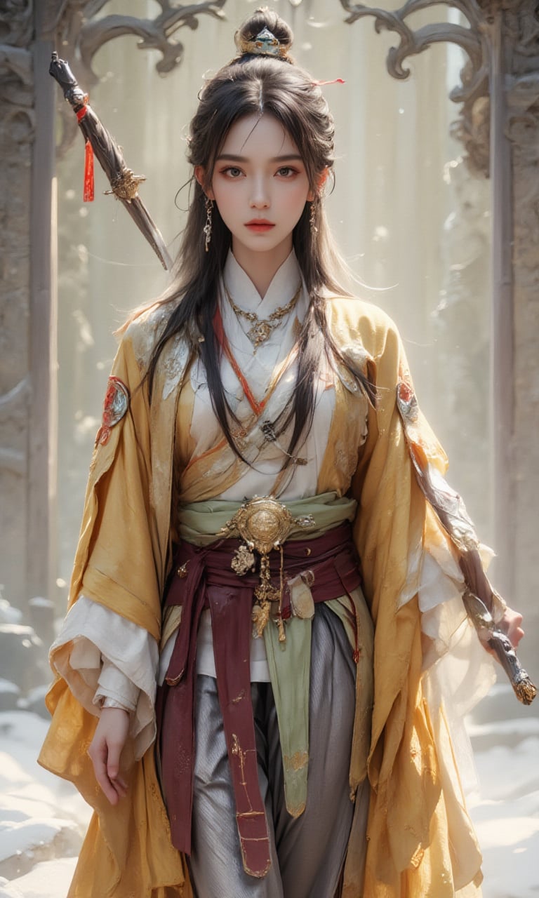 1Woman,hip up,upper body,martial arts,jewelry,chinese clothes,robe,accessories,holding weapon,outdoor,ntgirl