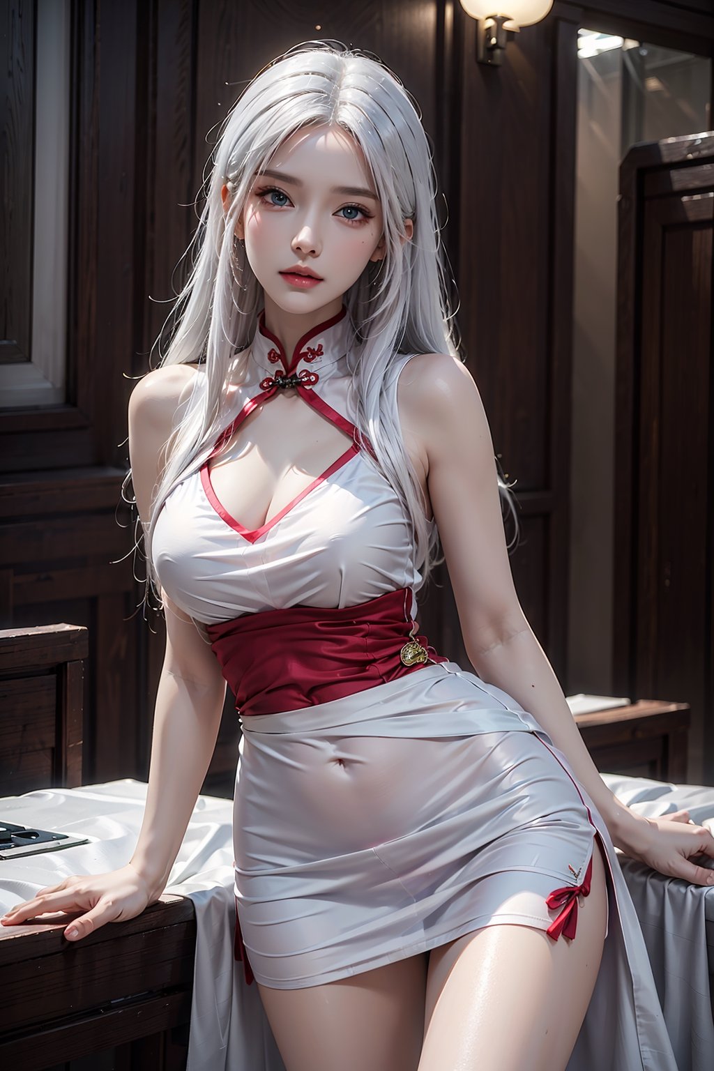 photorealistic, high resolution, 1women, shining skin, solo, hips up, jewelry, pink lips, long white hair, blue eyes, red cheongsam