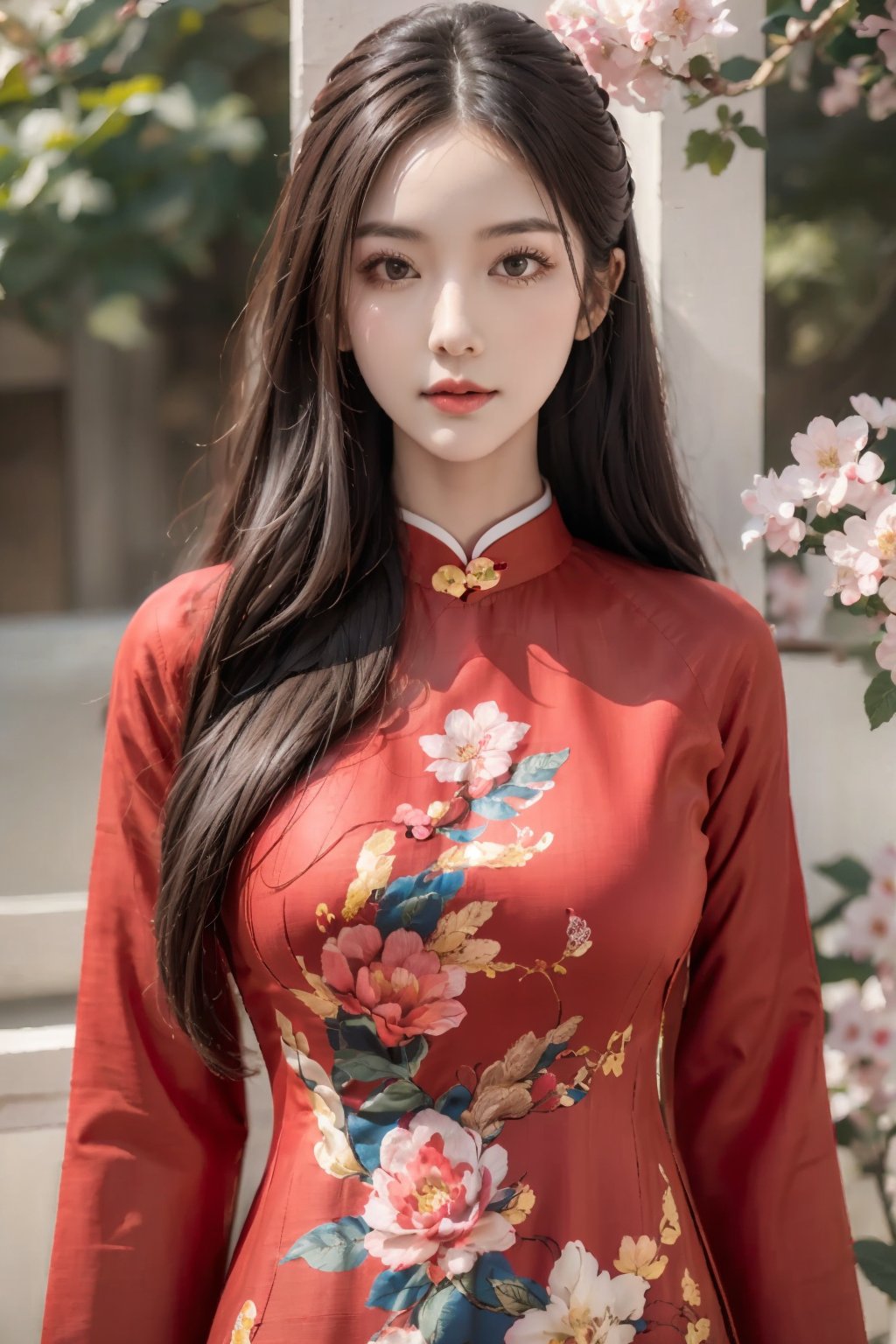 (masterpiece),(best quality),(ultra detailed),1girl,solo,closed mouth, long hair,accessories,red aodai,red clothing,gfloral print,huge breasts