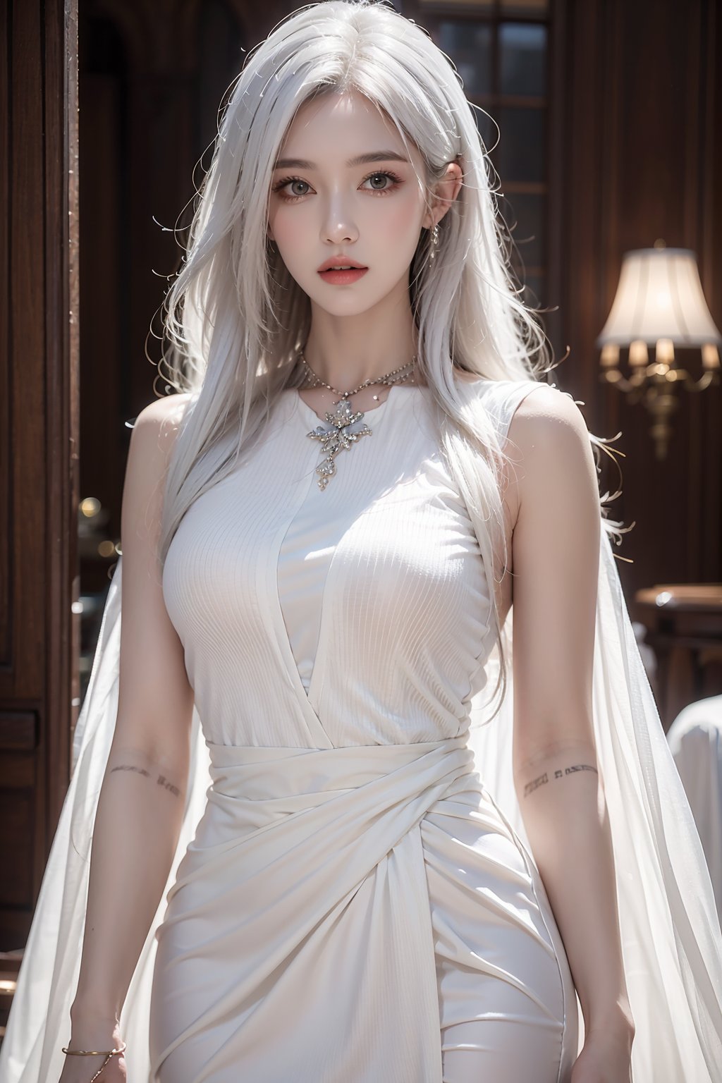 female,masterpiece, realistic, best quality, ultra detailed, waist up, white hair, jewelery, fashionable accessories, random dress