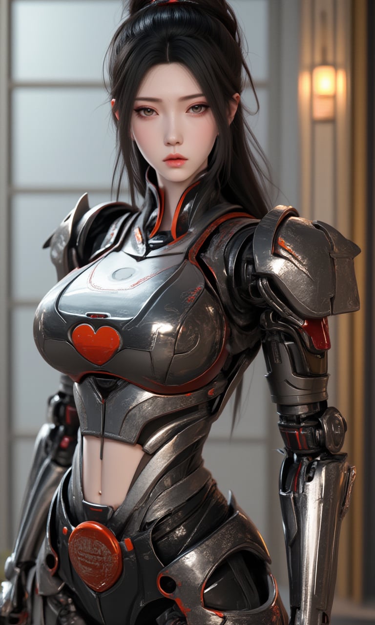 A photorealistic image of a woman,cyborg samurai,mecha body, robot joints, katana,hip up,LXflux