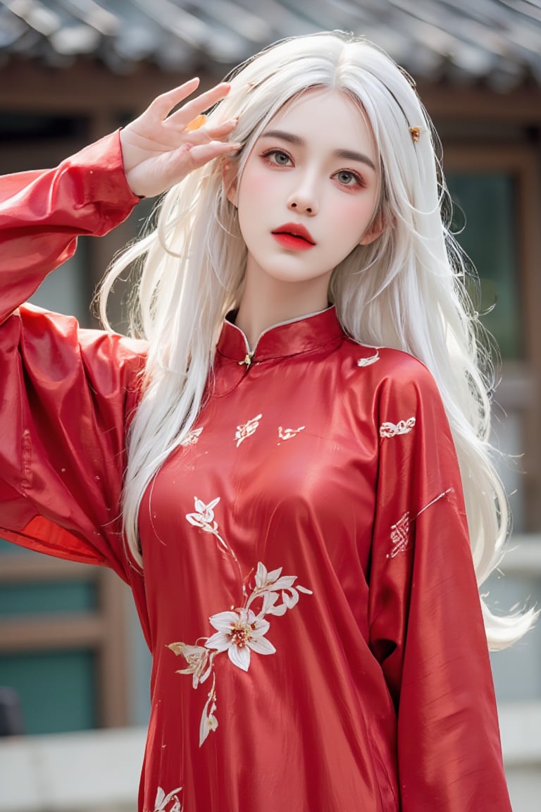 A stunning solo shot of a young woman with striking white long hair, Vietnam tranditional clothing, ao tu than,full body,ntgirl