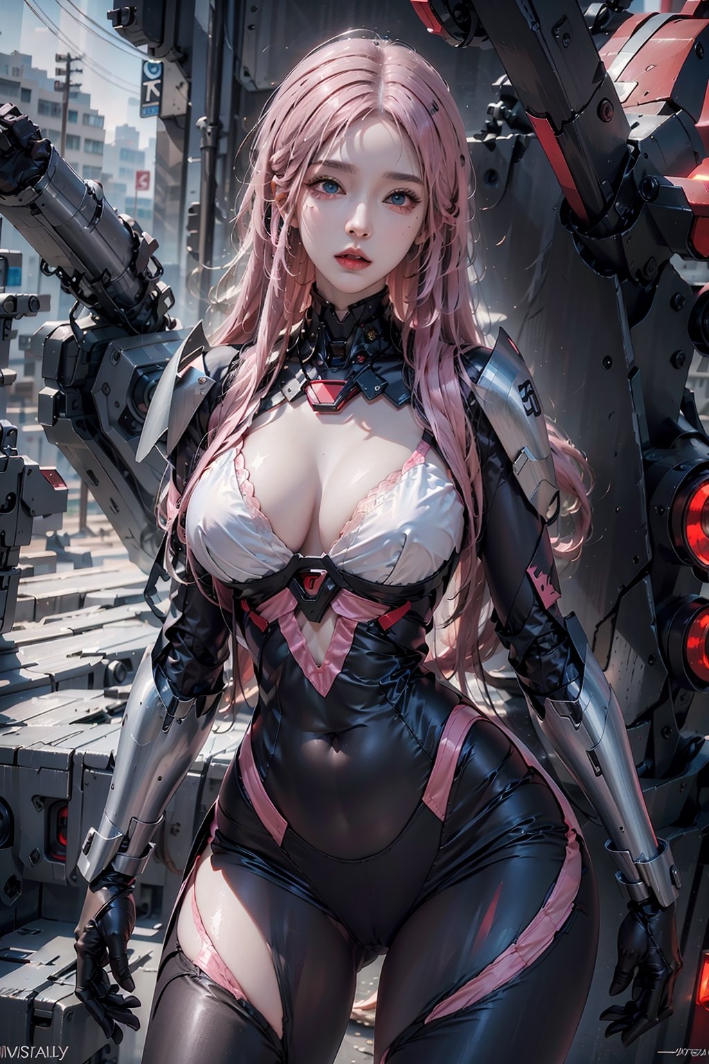 photorealistic, high resolution, 1women, solo,hips up, jewelry, long pink hair, blue eye,mecha,Mecha,red and black