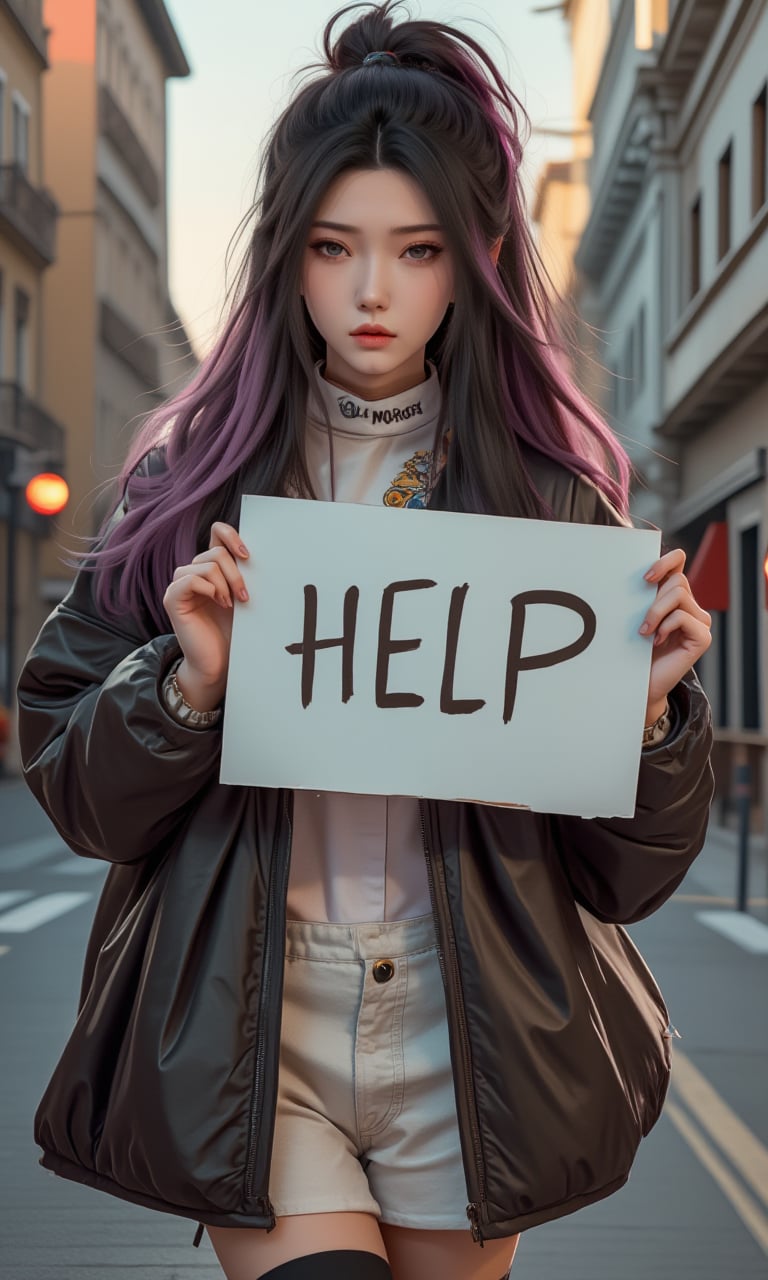 A stunning solo shot of a young woman with striking long hair, dressed in the latest street wear fashion,holding up a sign with the word "HELP",LXflux