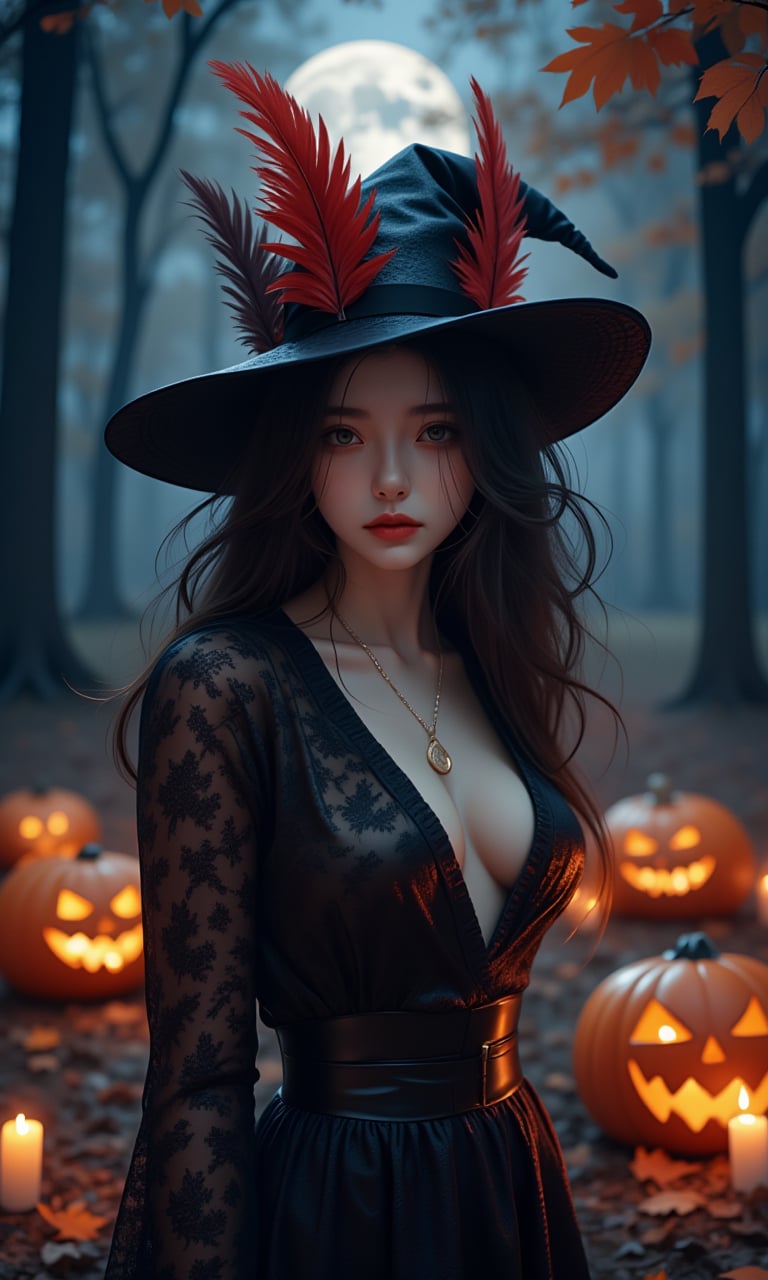 A stunning woman with flowing, curly locks and porcelain skin poses against a moonlit forest backdrop, surrounded by wispy fog and twinkling jack-o'-lanterns. Her eyes gleam with mischief as she wears a witch's hat adorned with crimson feathers, amidst a scattering of autumn leaves and candlelight.