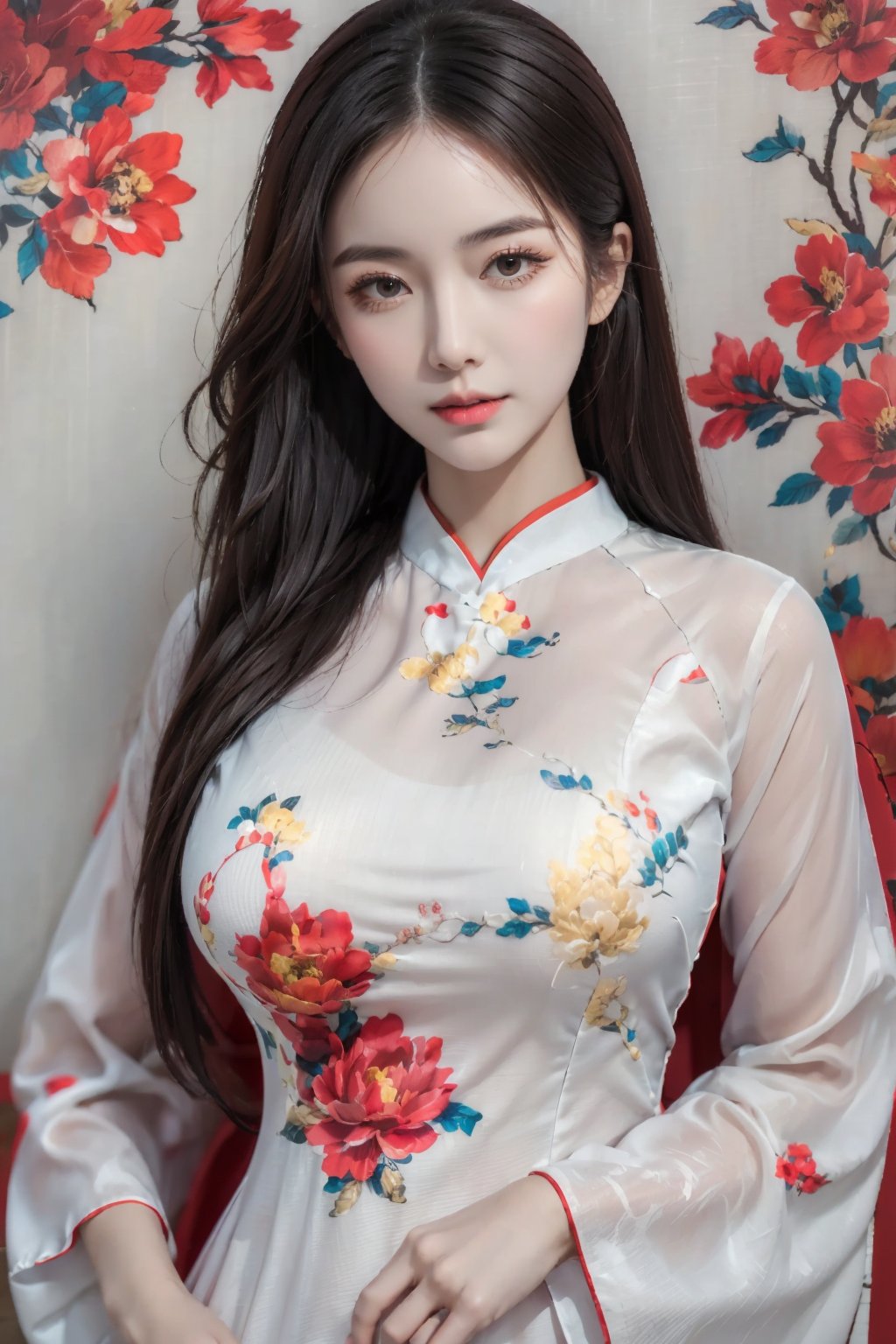 (masterpiece),(best quality),(ultra detailed),1girl,solo,closed mouth, long hair,accessories,red aodai,red clothing,gfloral print,huge breasts