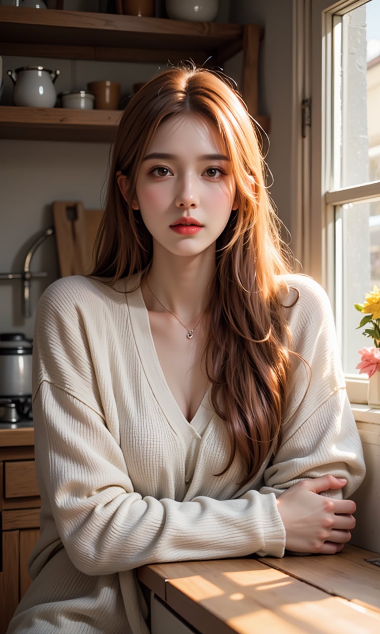 A photorealistic image of a woman in her late 20s with long auburn hair, sitting at a rustic wooden table in a cozy kitchen. She is wearing a soft cream-colored sweater, and her expression is warm and inviting as she gazes out of a window with sunlight streaming in. The background includes shelves with neatly arranged kitchenware and a vase of fresh flowers.
ntgirl