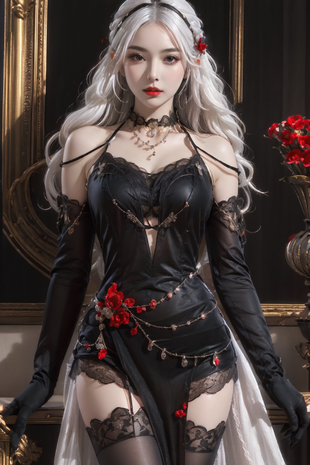 (masterpiece),(best quality),(ultra detailed),1girl,solo,hip up,closed mouth,Midnight Kiss outfit,lace,black stockings,gloves,red flower,jewelry,string,chain,purple piece of shirt,BREAK
long hair,(white hair color:1.05)