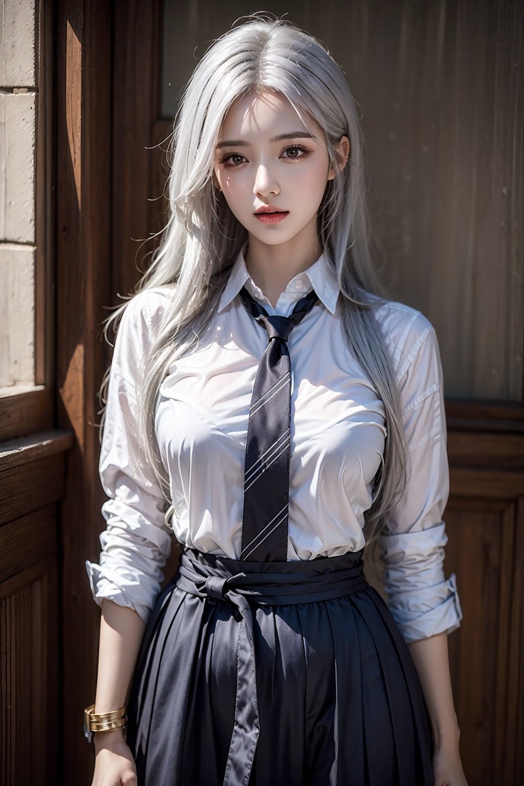 female,masterpiece, realistic, best quality, ultra detailed, waist up, silver hair, jewelery, fashionable accessories, school_uniform