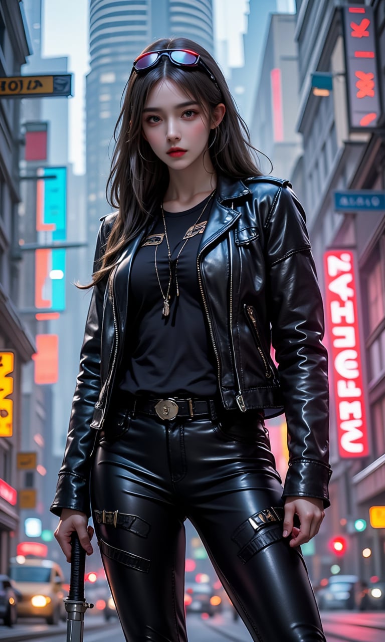 A lone female figure stands amidst a dystopian metropolis's neon-lit underbelly, her balanced frame draped in a futuristic leather jacket adorned with metallic accents and glowing circuitry. Cyberpunk-inspired goggles rest on her forehead, as she confidently poses with one hand resting on the hilt of a sword, while the city's towering skyscrapers loom ominously behind her.