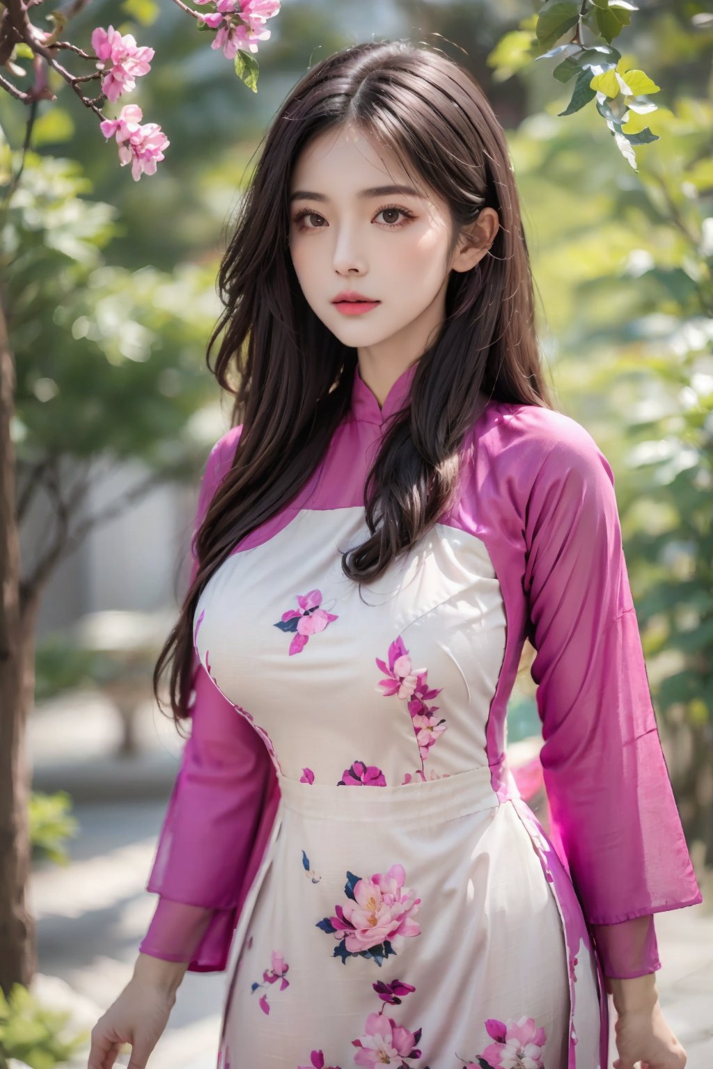 (masterpiece),(best quality),(ultra detailed),1girl,solo,closed mouth, long hair,accessories,(magenta outfit:1.3), aodai,floral print,huge breasts