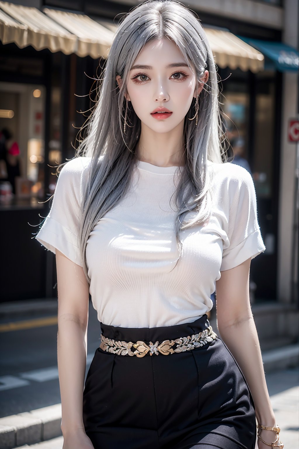 female,masterpiece, realistic, best quality, ultra detailed, waist up, silver hair, jewelery, fashionable accessories, street wear, fashion clothing, colorful