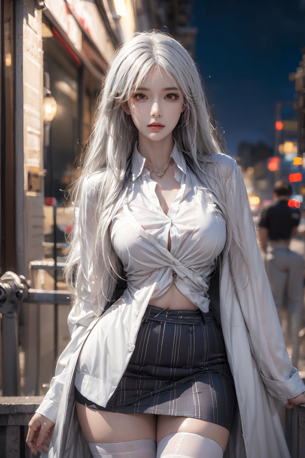 1female,solo,masterpiece, realistic, best quality, ultra detailed,cowboy_shot, long white hair, jewelery,shirt, skirt suit, thighhighs, night city