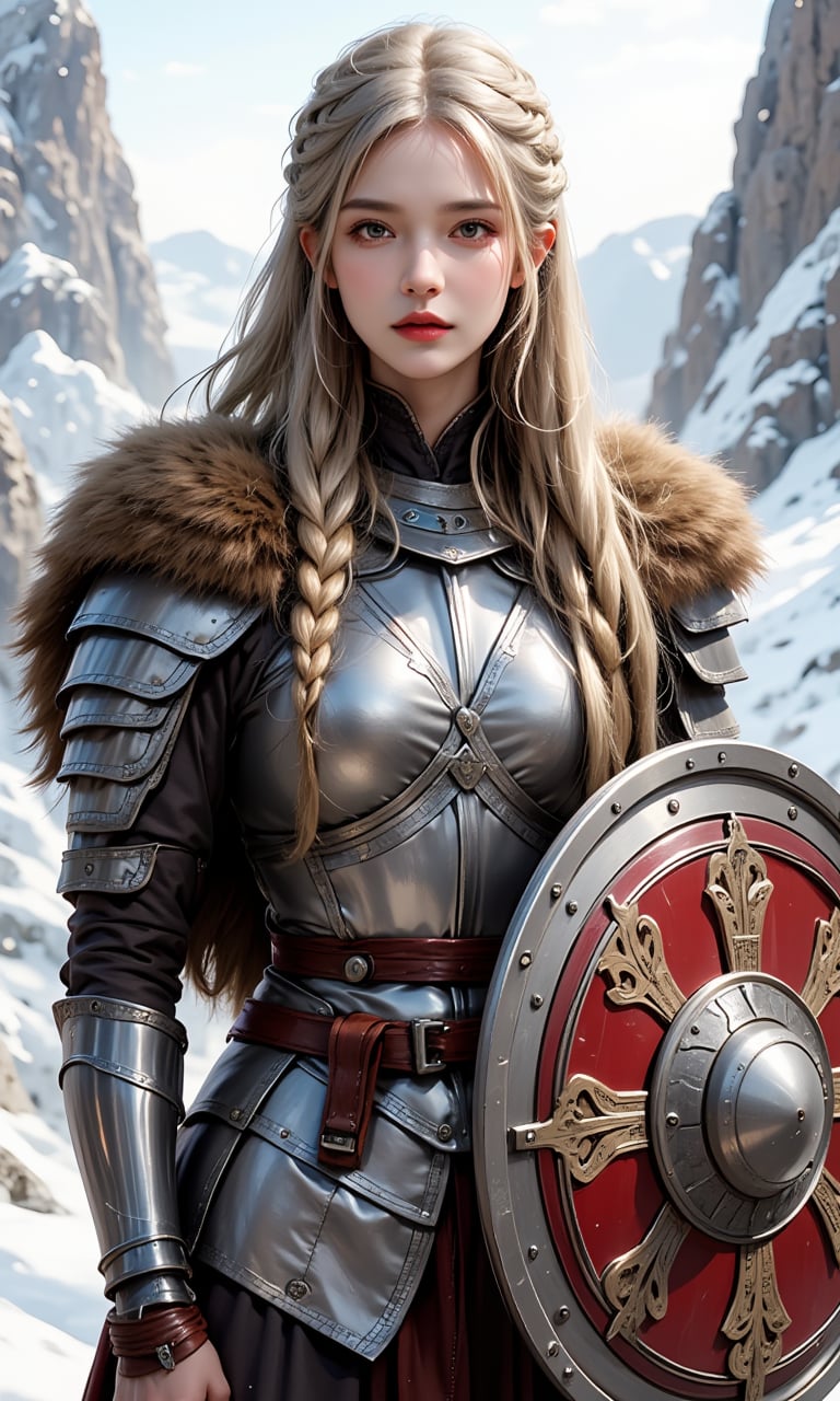 An illustrative image of a woman with braided golden hair, depicted as a Viking shieldmaiden. She is wearing traditional armor and holding a round shield with intricate Norse designs. The background shows a rugged, snowy landscape, and the style is bold and dynamic, with strong lines and a powerful presence.
ntgirl