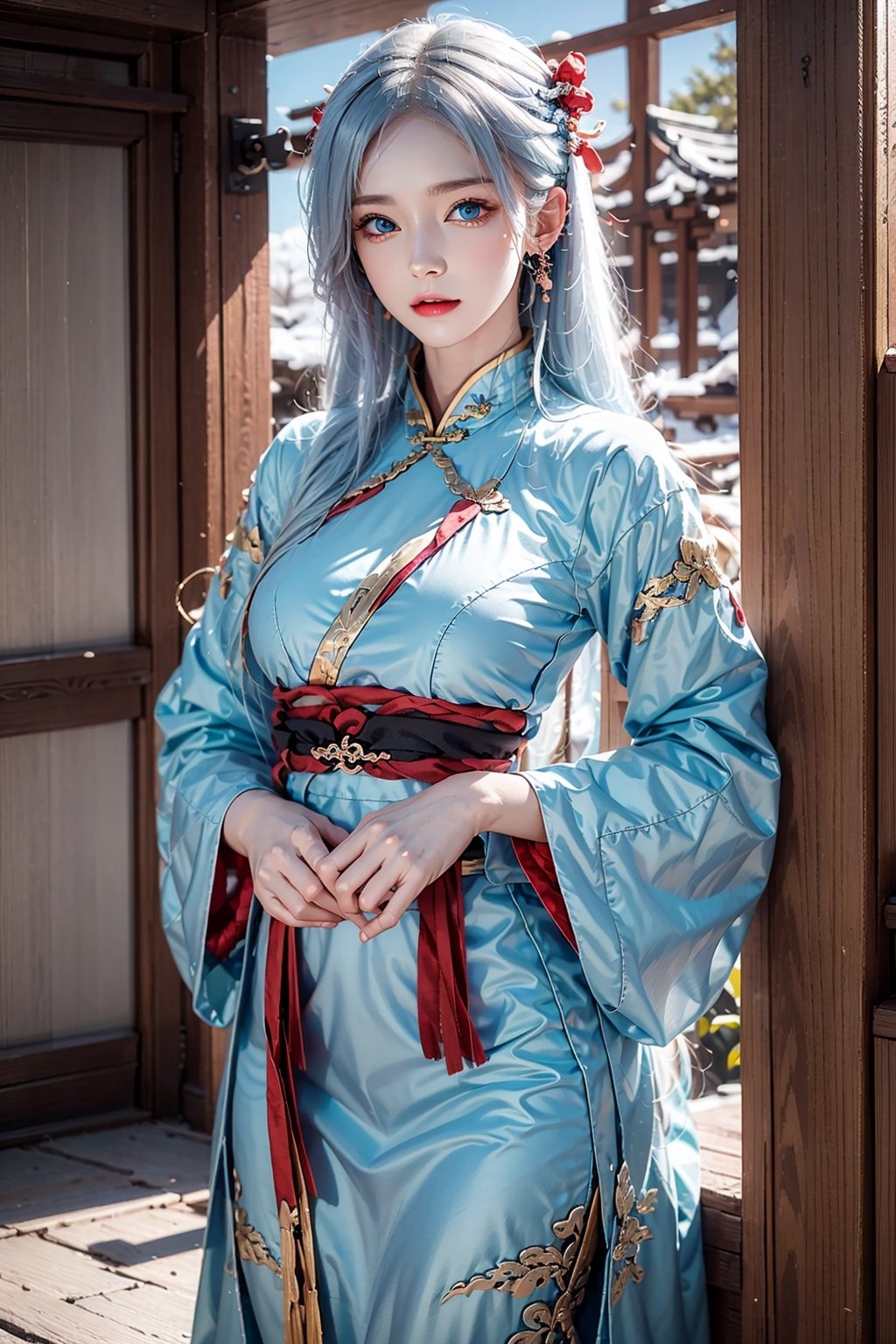 high resolution, 1women, solo, shining skin, jewelry, hips up, white hair, blue eyes, winter hanfu, kungfu style, taoist robe, snow,woman
