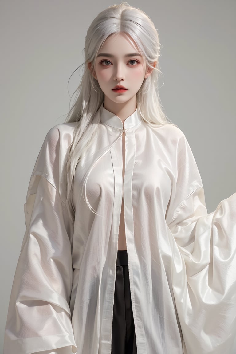 A full body photorealistic image of a young woman with striking white long hair, Vietnam tranditional clothing, ao tu than,ntgirl