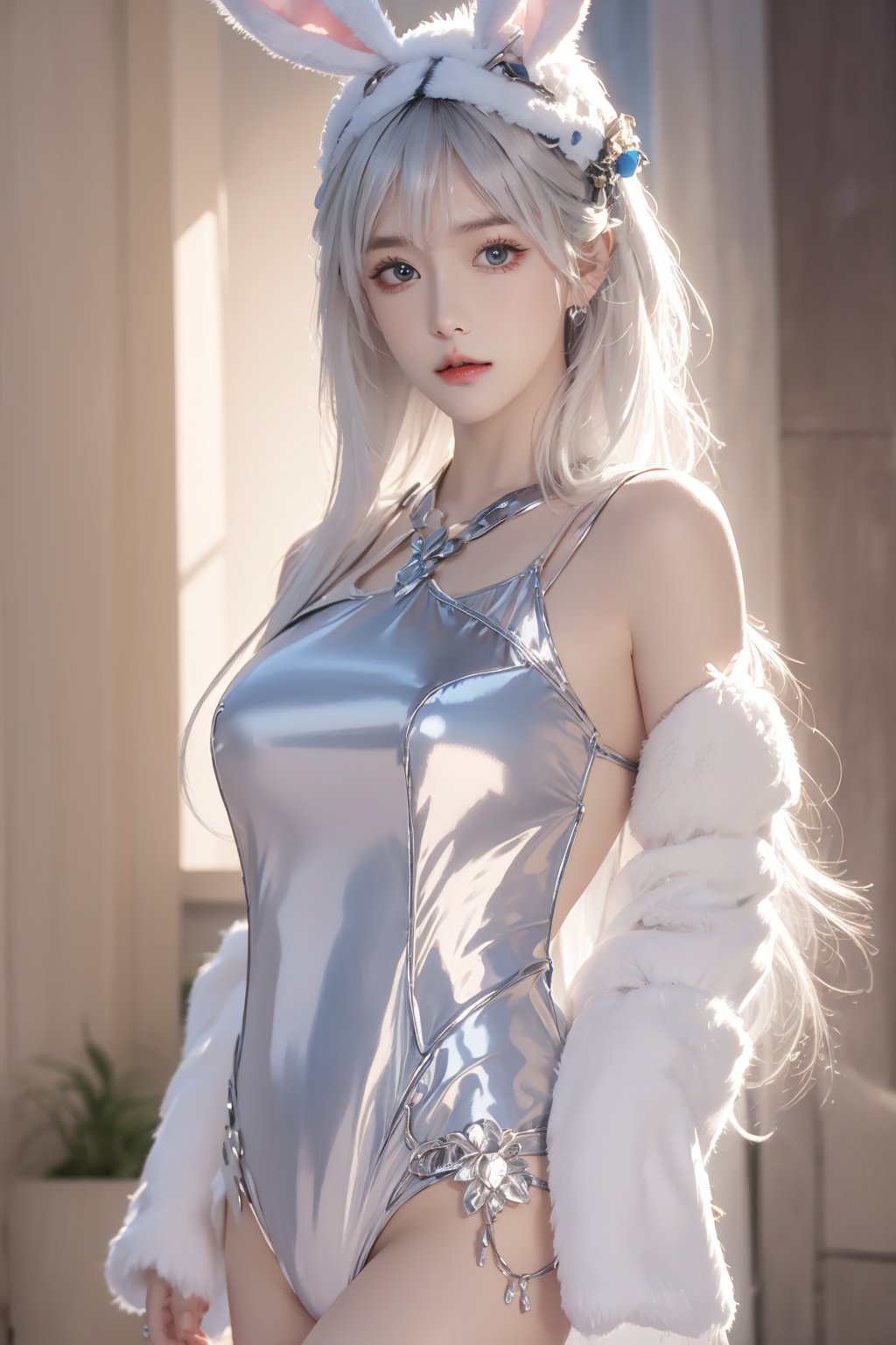 masterpiece,(bestquality),ultra-detailed,photorealistic,1girl,solo,accessories,7mix2,bunny_suit,white hair