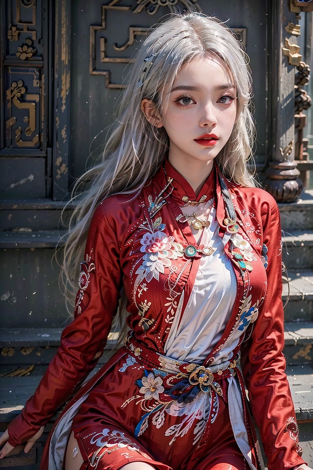 photorealistic, high resolution, soft light,1women, solo, hips up, shining skin, (detailed face), jewelry, white hair, wavy hair, dynamic pose, (chinese talisman on forehead:1.2), aodaicuoi